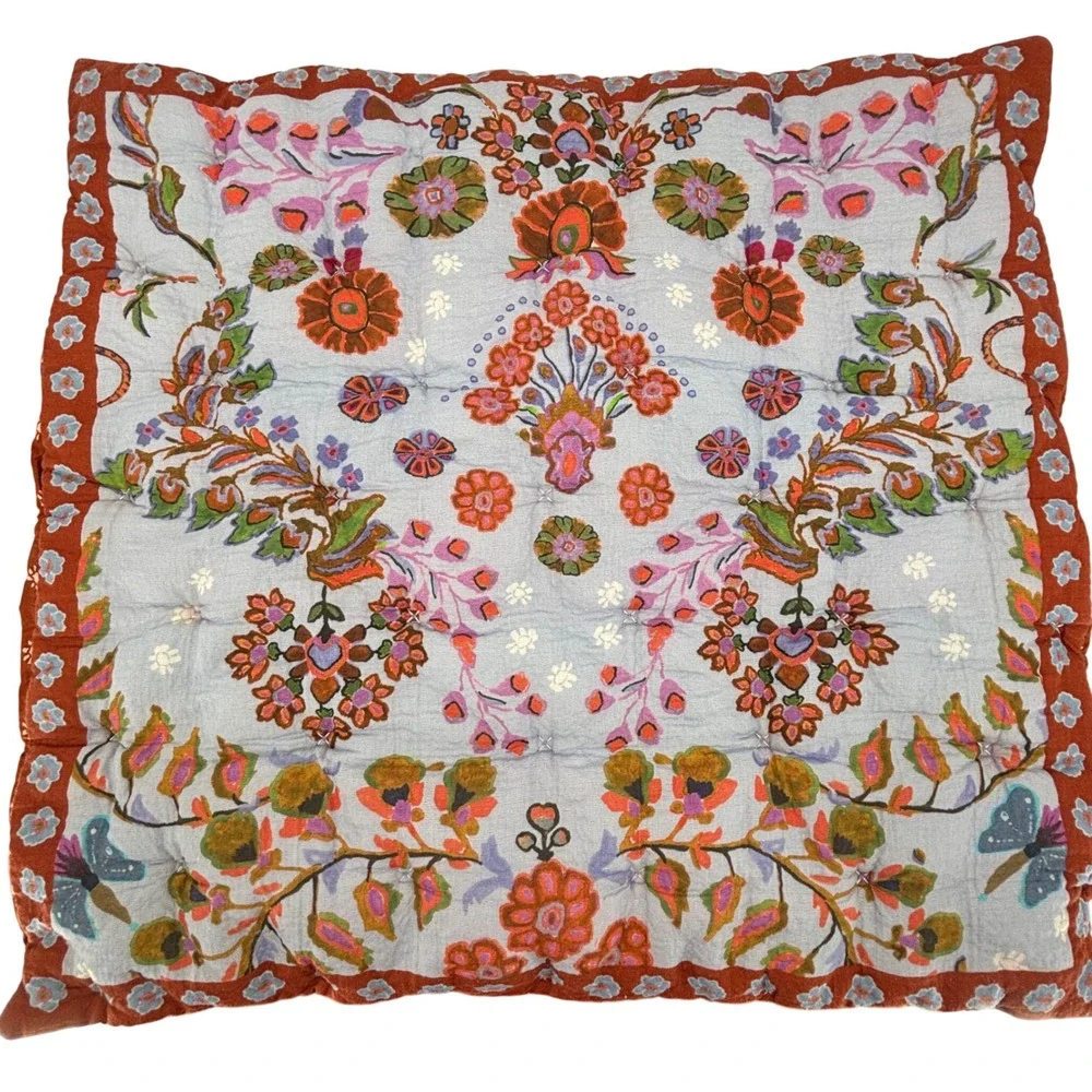 Anthropologie Kelcey Quilt Sham Blue Rust Floral Butterfly Organic Cotton 26x26